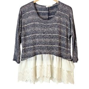 Orange Creek Layered Lace Sweater Size S Striped Knit Slouchy Loose Fit Top